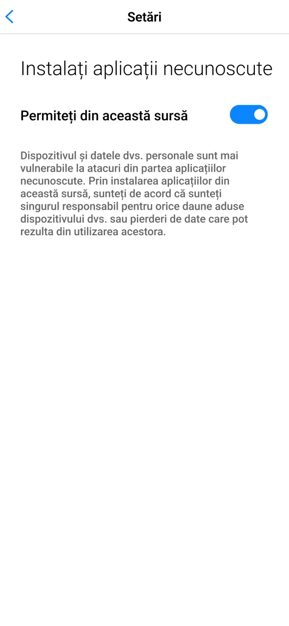 Setări telefon pentru instalarea fișierului 1win.