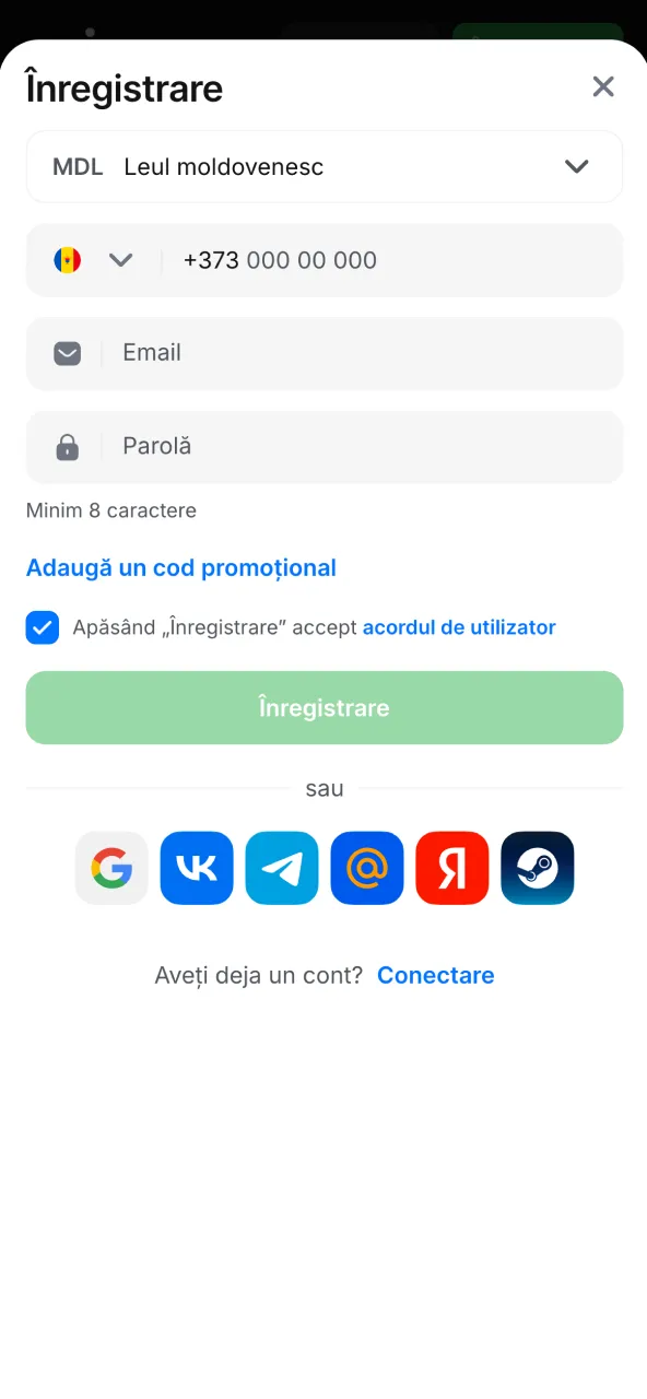 Creează cont nou direct din aplicația 1win.